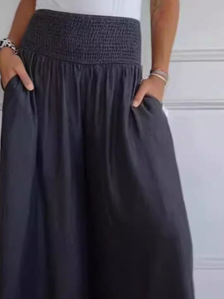 Women's Smocked High-Waist Cotton Blend Wide Leg Trousers Pockets