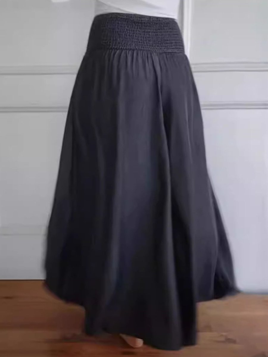 Women's Smocked High-Waist Cotton Blend Wide Leg Trousers Pockets