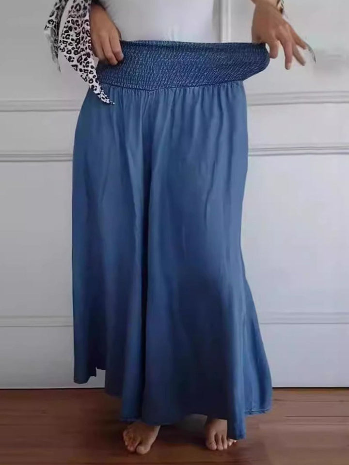 Women's Smocked High-Waist Cotton Blend Wide Leg Trousers Pockets