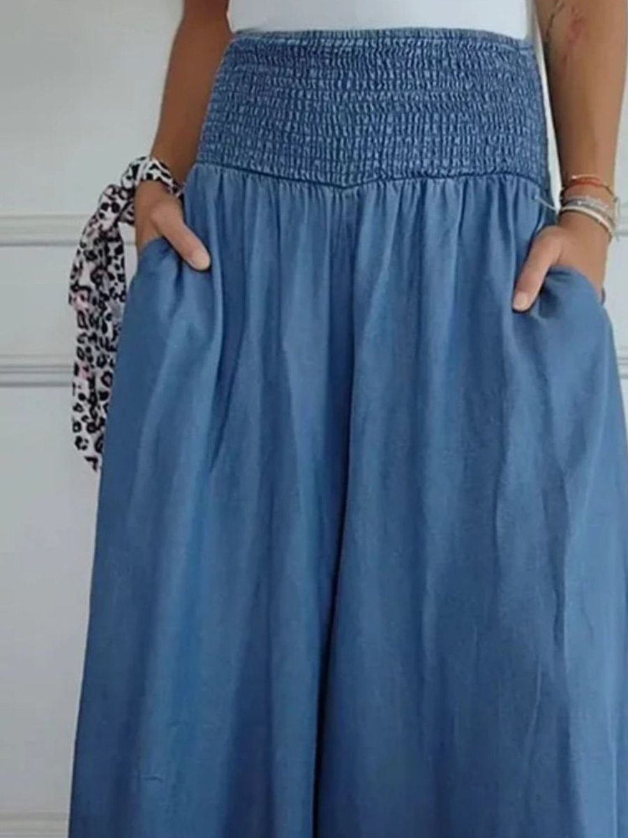 Women's Smocked High-Waist Cotton Blend Wide Leg Trousers Pockets