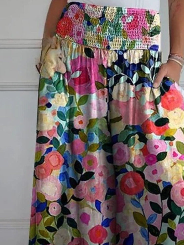 Women's Smocked High-Waist Cotton Blend Wide Leg Trousers Pockets