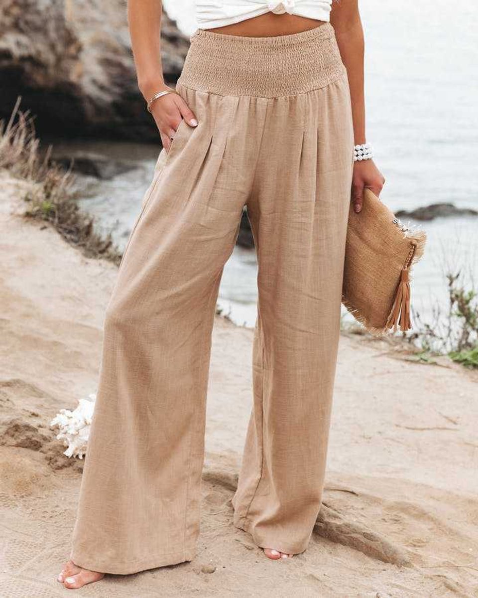 Women's Smocked High-Waist Flowy Wide Leg Trousers