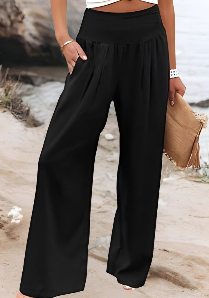 Women's Smocked High-Waist Flowy Wide Leg Trousers