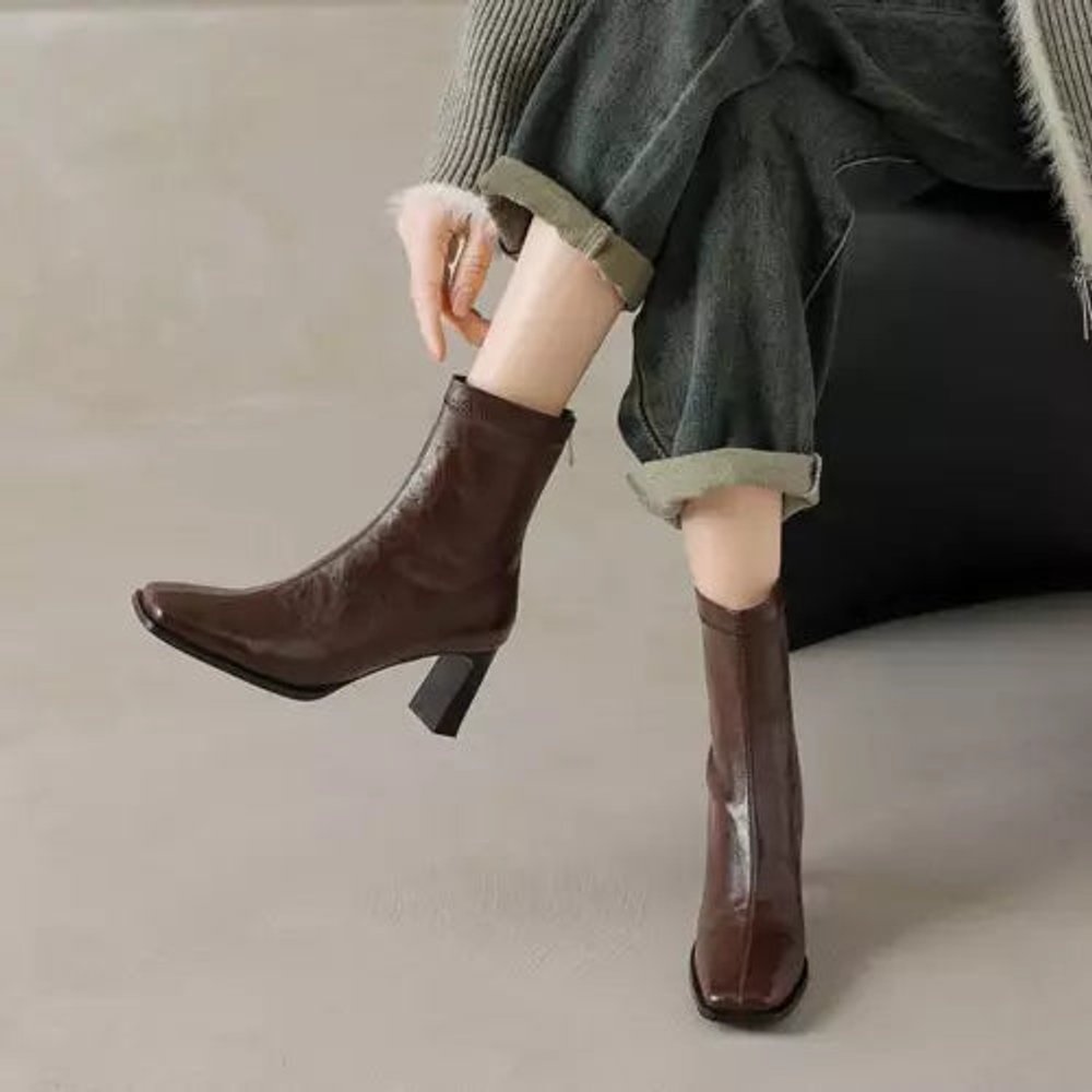 Women's Square-Toe Block-Heel Ankle Heeled Boots Leather-Look