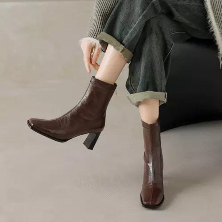 Women's Square-Toe Block-Heel Ankle Heeled Boots Leather-Look