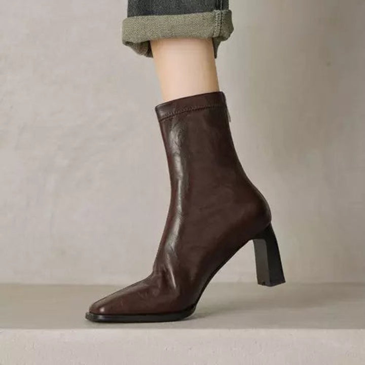 Women's Square-Toe Block-Heel Ankle Heeled Boots Leather-Look
