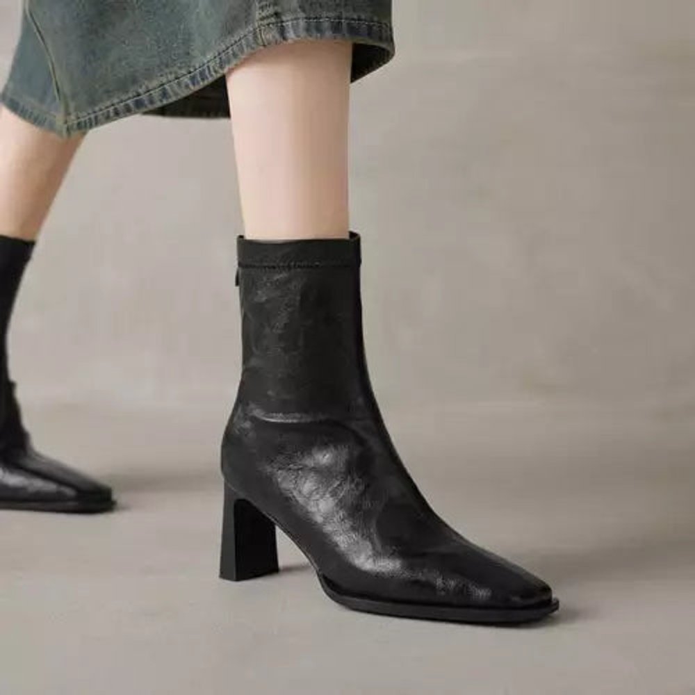 Women's Square-Toe Block-Heel Ankle Heeled Boots Leather-Look