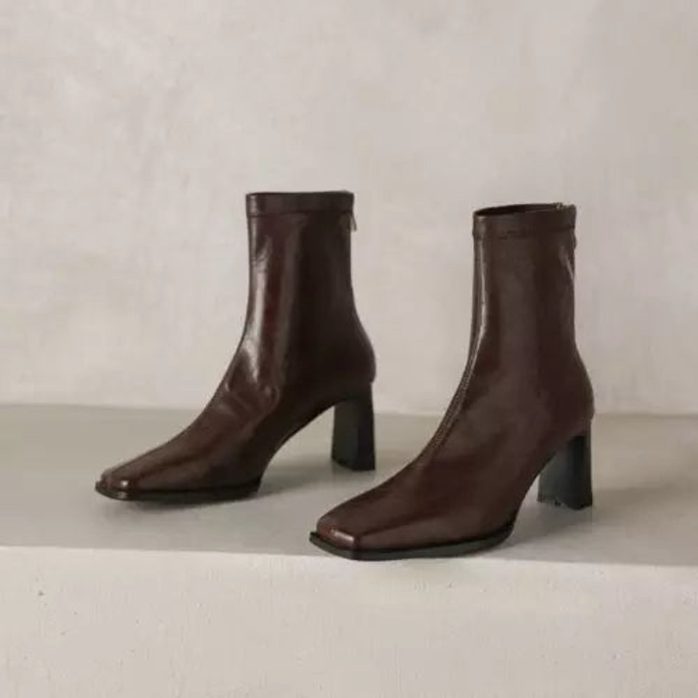 Women's Square-Toe Block-Heel Ankle Heeled Boots Leather-Look
