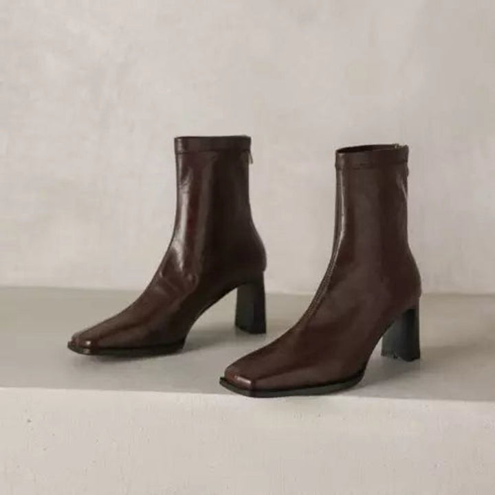 Women's Square-Toe Block-Heel Ankle Heeled Boots Leather-Look