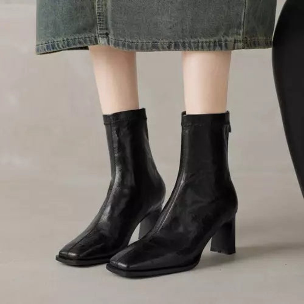Women's Square-Toe Block-Heel Ankle Heeled Boots Leather-Look