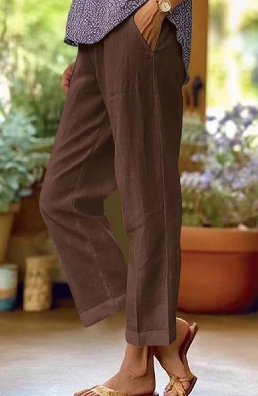 Women's Straight-Leg Cropped Cuffed Casual Trousers Pockets