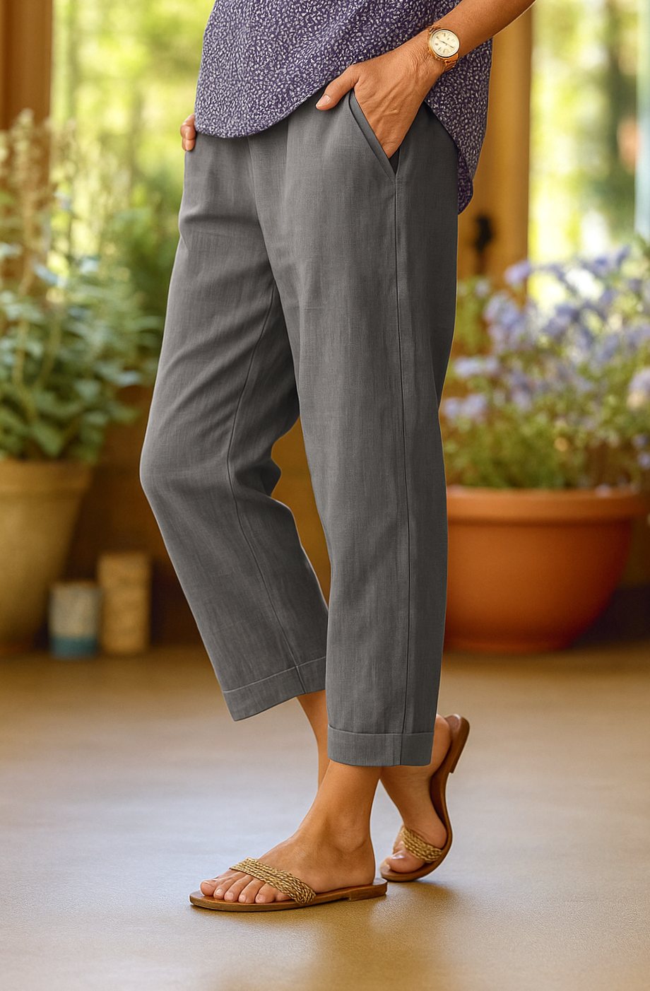 Women's Straight-Leg Cropped Cuffed Casual Trousers Pockets