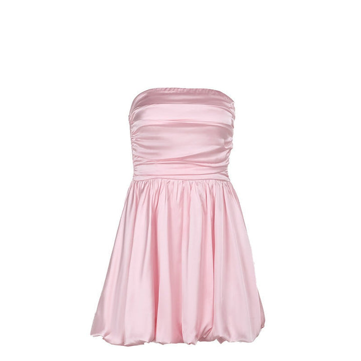 Women's Strapless High-Waist Ruched Satin Cocktail Party Dress