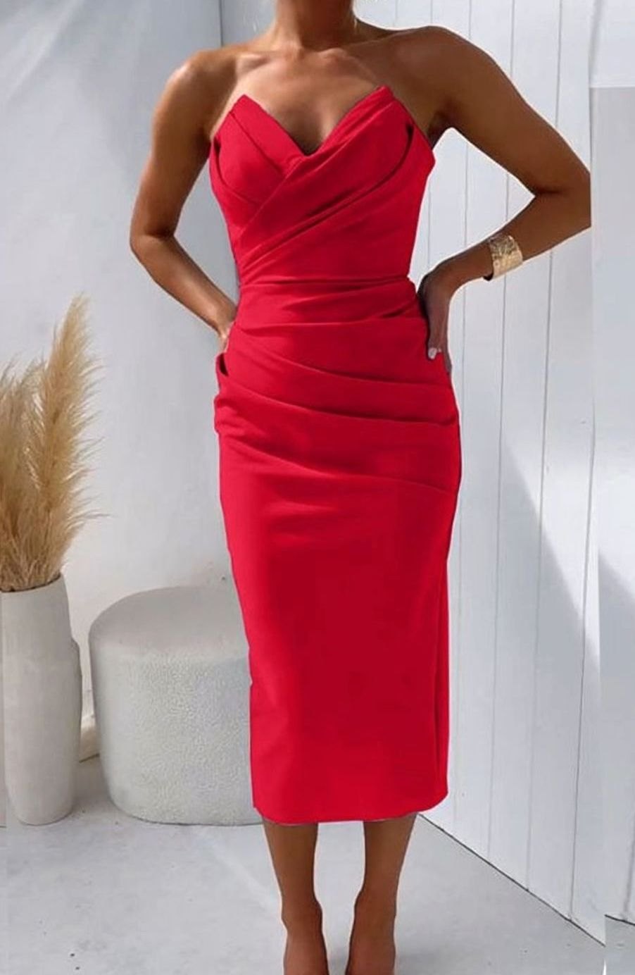 Women's Strapless Ruched Bodycon Midi Cocktail Dress