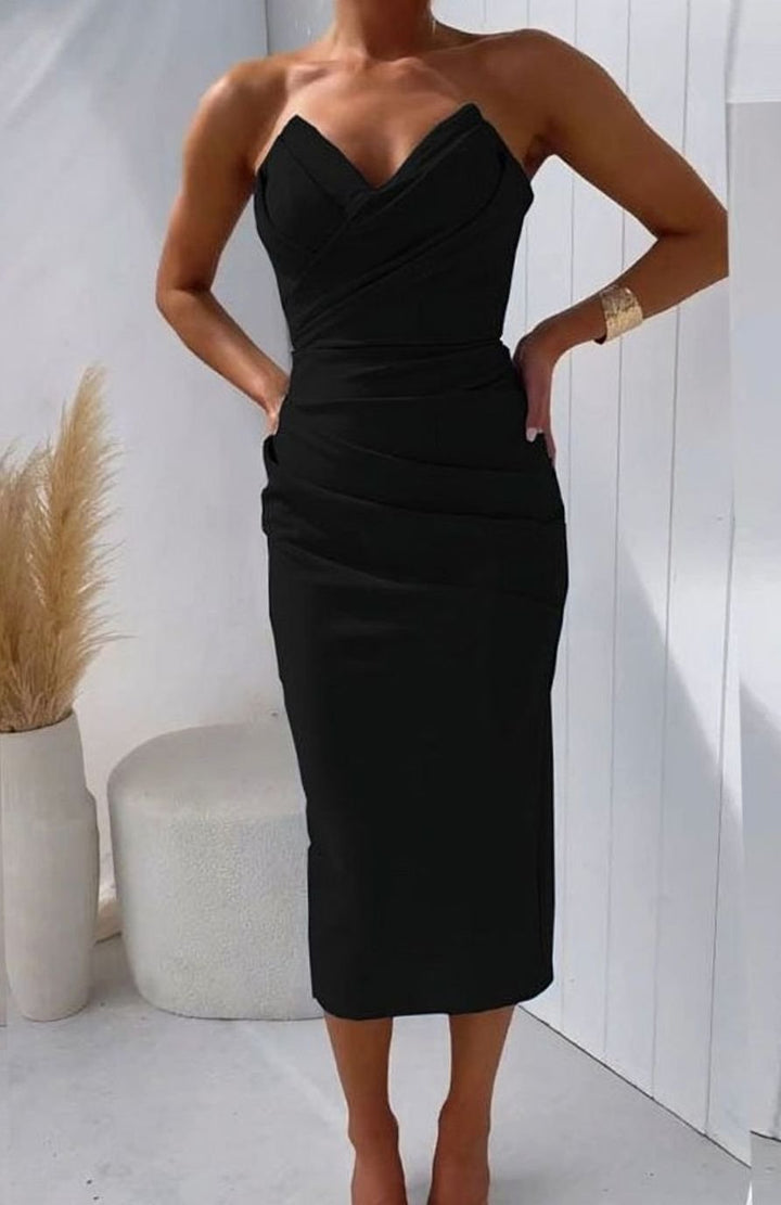 Women's Strapless Ruched Bodycon Midi Cocktail Dress