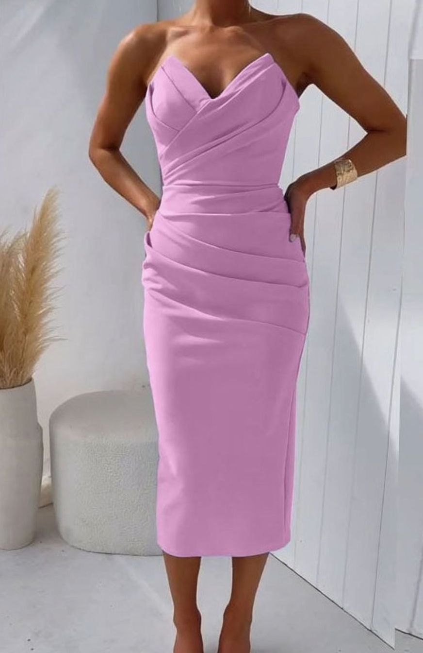 Women's Strapless Ruched Bodycon Midi Cocktail Dress