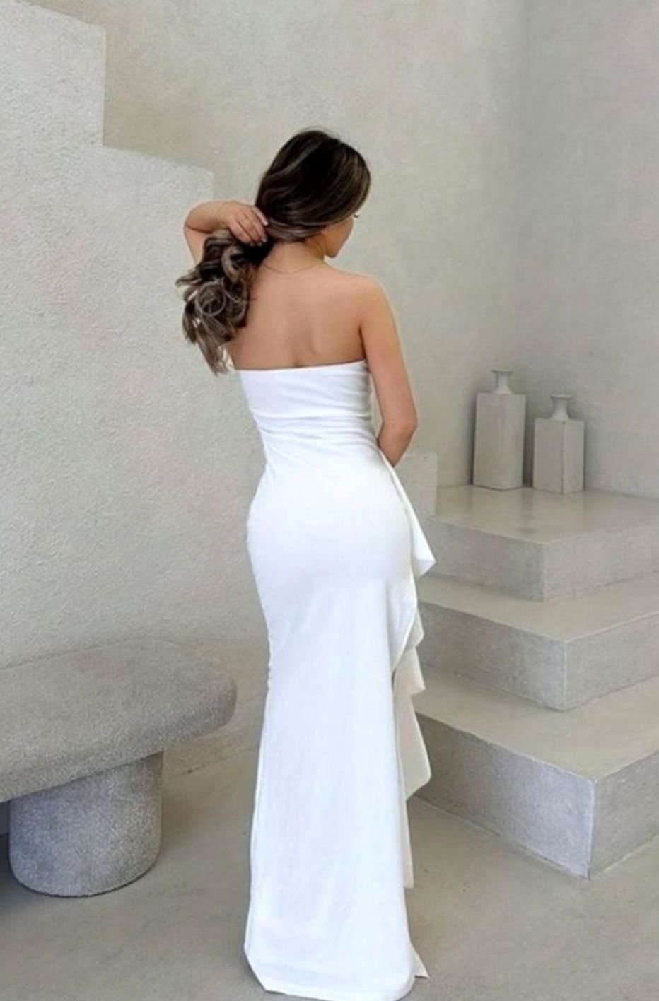 Women's Strapless Ruched High-Slit Maxi Dress