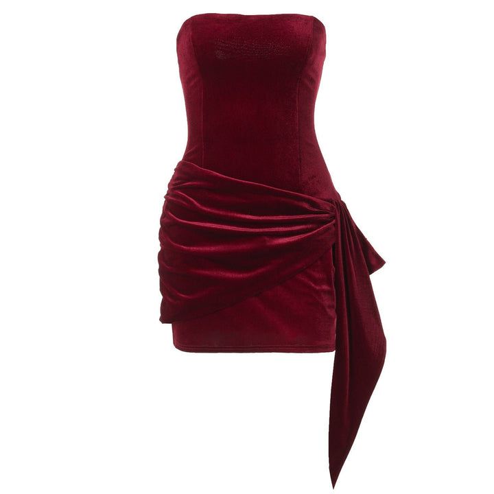 Women's Strapless Velvet Party Dress Asymmetric Ruffle Mini