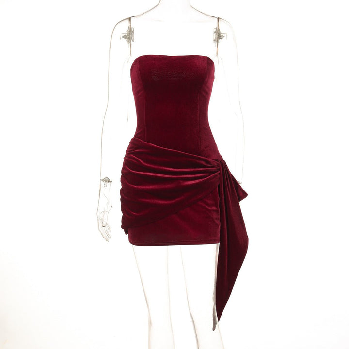 Women's Strapless Velvet Party Dress Asymmetric Ruffle Mini - Burgundy