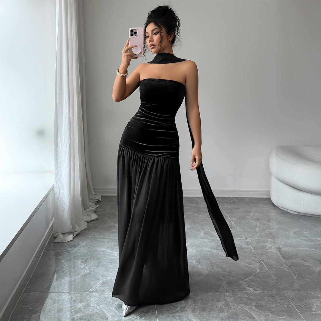 Women's Strapless Velvet Party Dress Ruched Halter Maxi Gown