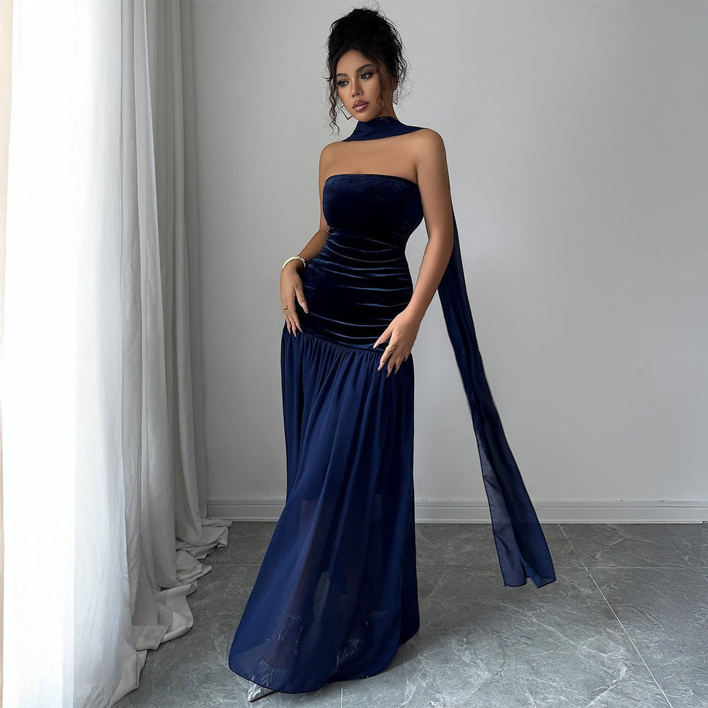 Women's Strapless Velvet Party Dress Ruched Halter Maxi Gown
