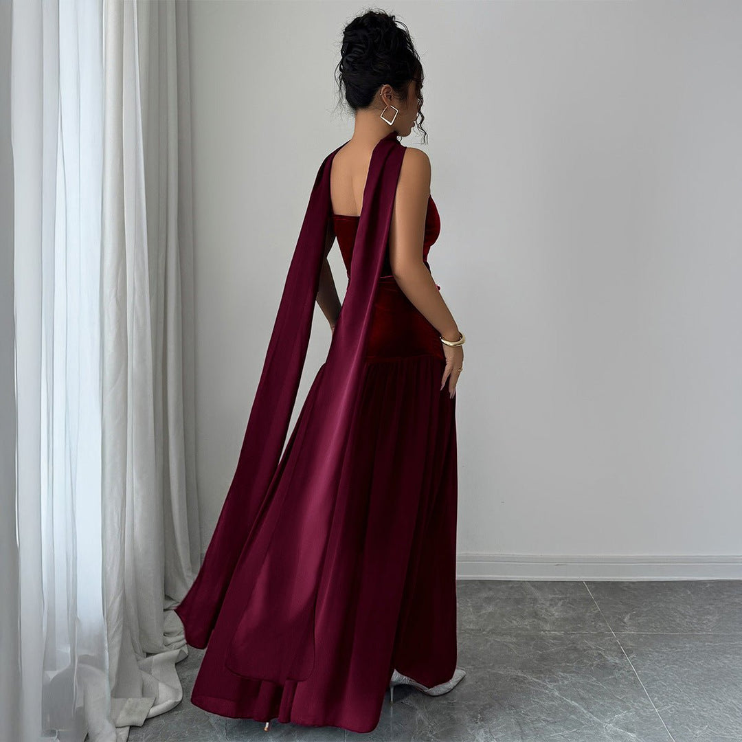Women's Strapless Velvet Party Dress Ruched Halter Maxi Gown - Wine Red