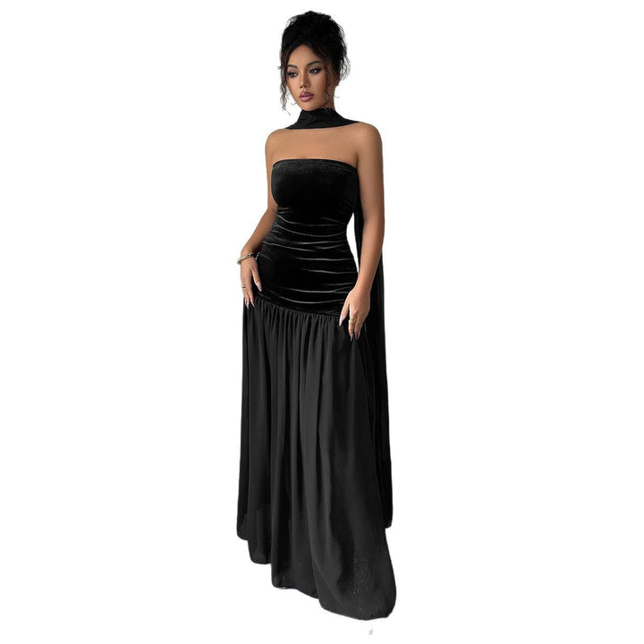 Women's Strapless Velvet Party Dress Ruched Halter Maxi Gown