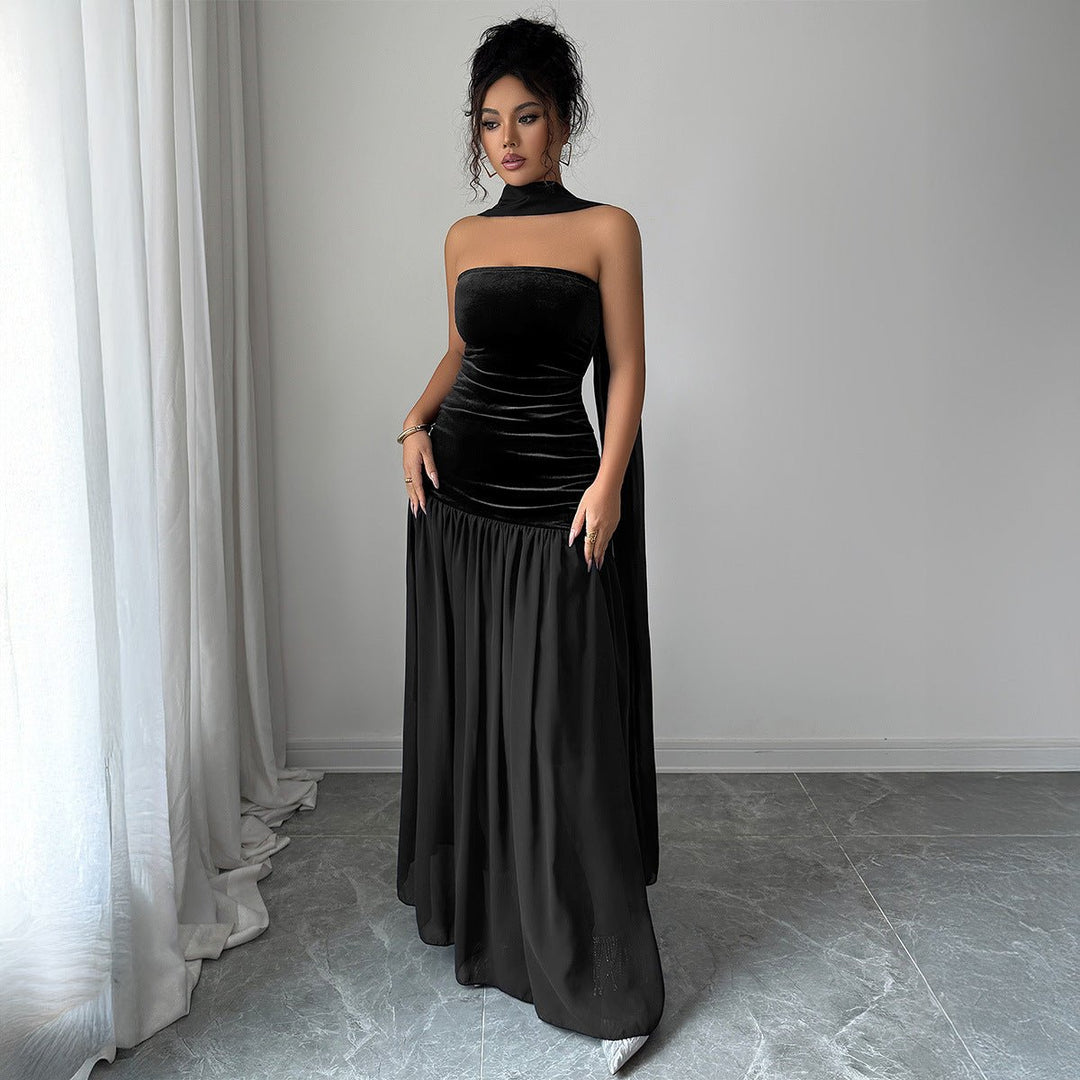 Women's Strapless Velvet Party Dress Ruched Halter Maxi Gown - Black