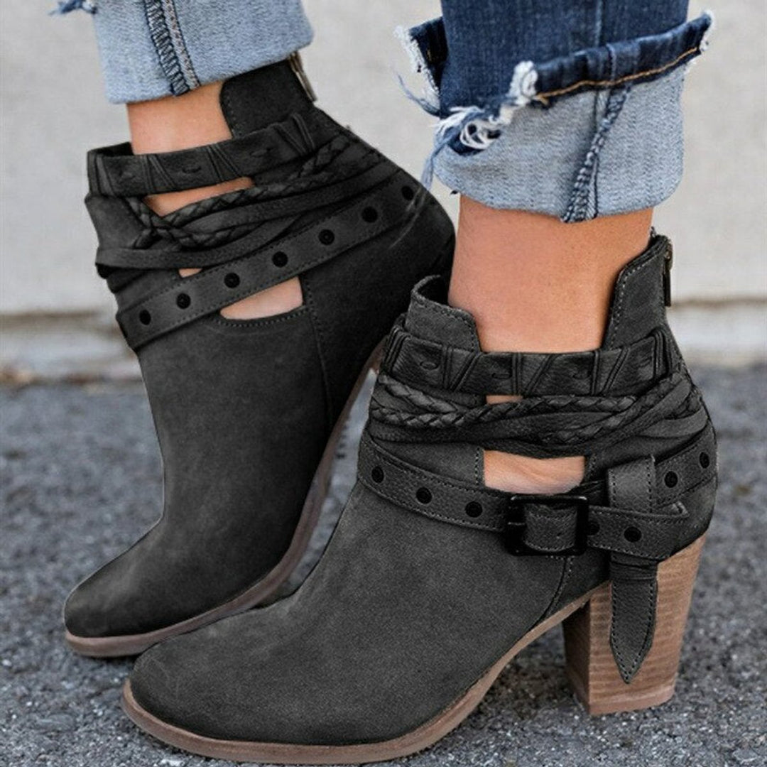 Women's Strappy Block-Heel Ankle Heeled Boots Suede-Look