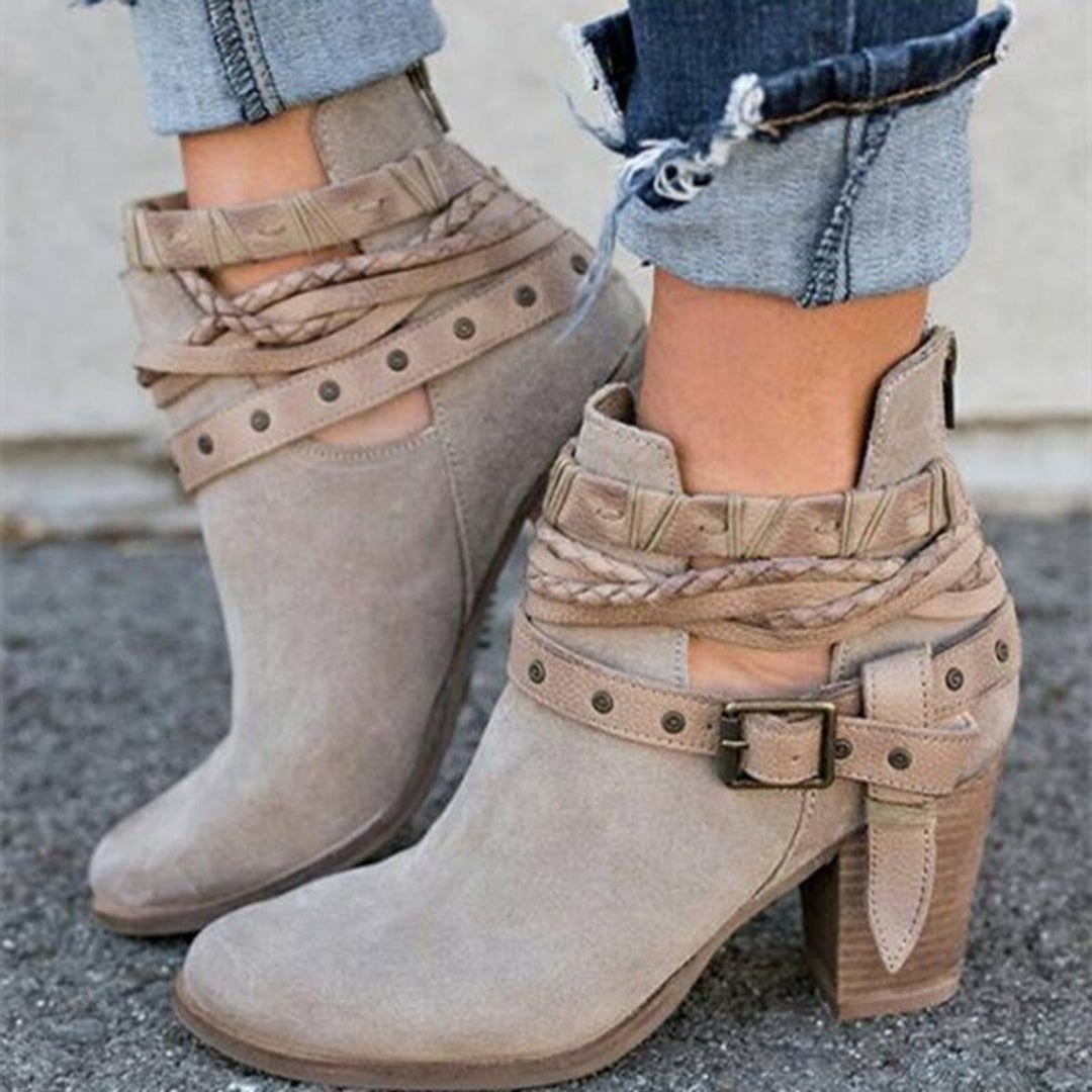 Women's Strappy Block-Heel Ankle Heeled Boots Suede-Look