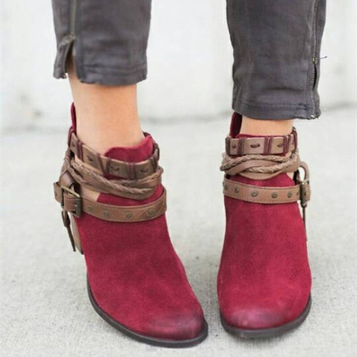 Women's Strappy Block-Heel Ankle Heeled Boots Suede-Look