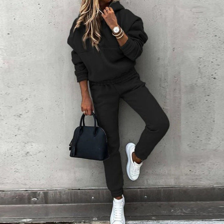 Women's Stretch Fit Hoodie Joggers Matching Tracksuit Set - Black