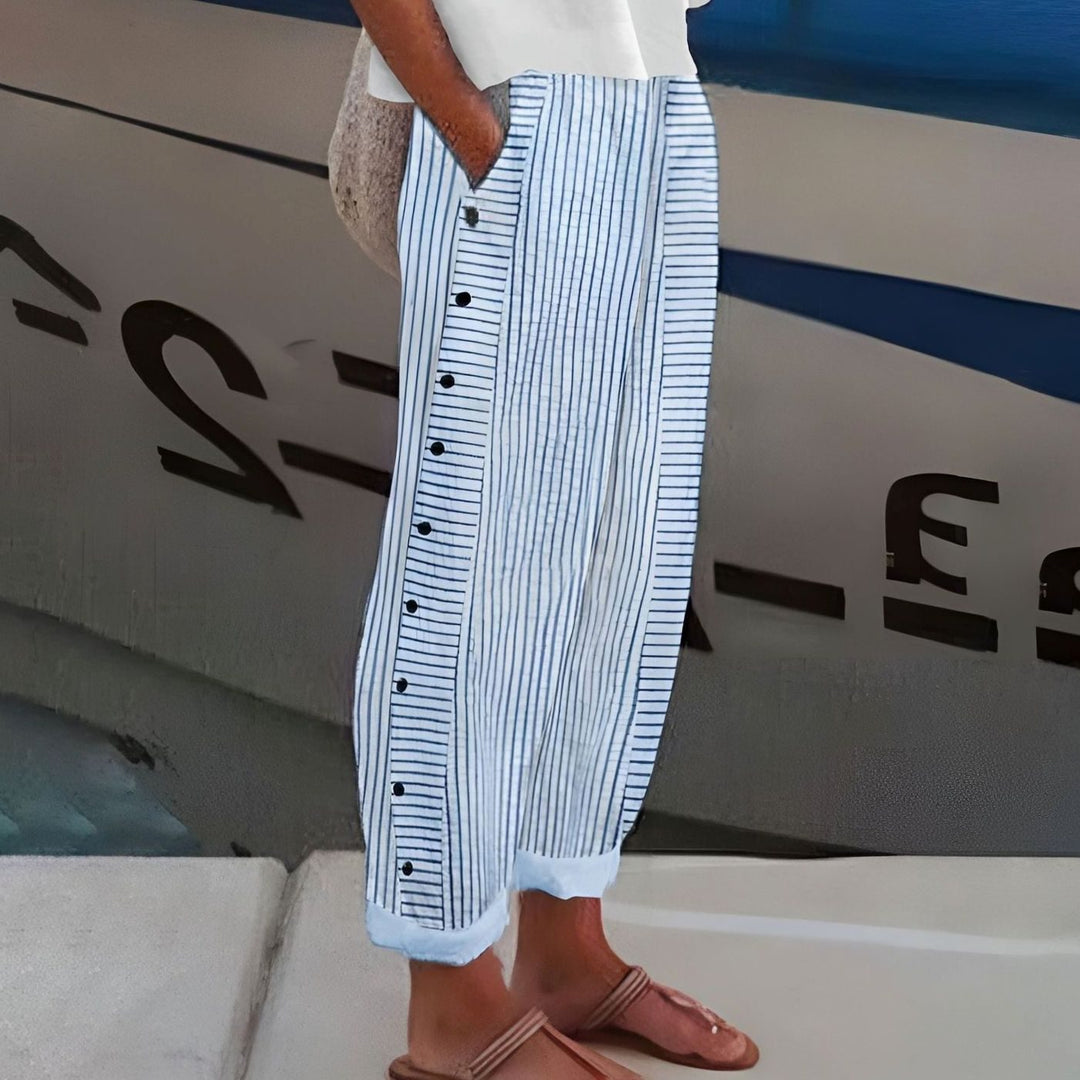 Women's Striped Casual Wide-Leg Button-Side Trousers