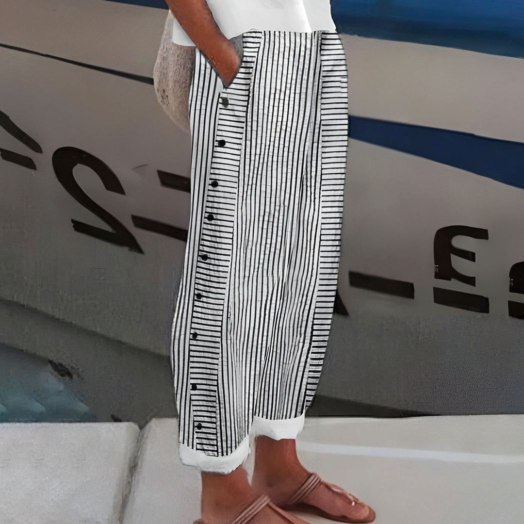Women's Striped Casual Wide-Leg Button-Side Trousers