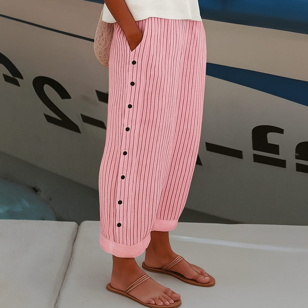 Women's Striped Casual Wide-Leg Button-Side Trousers