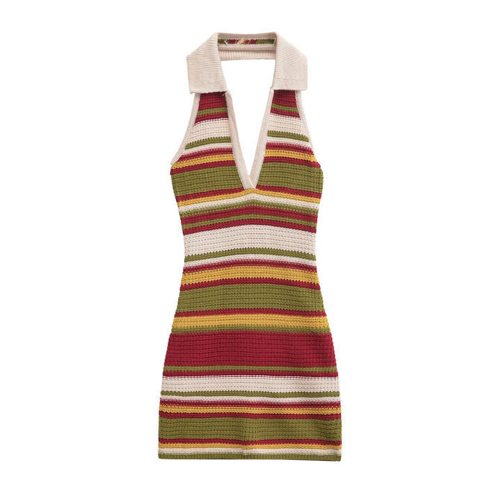 Women's Striped Deep V-Neck Collared Knitted Dress