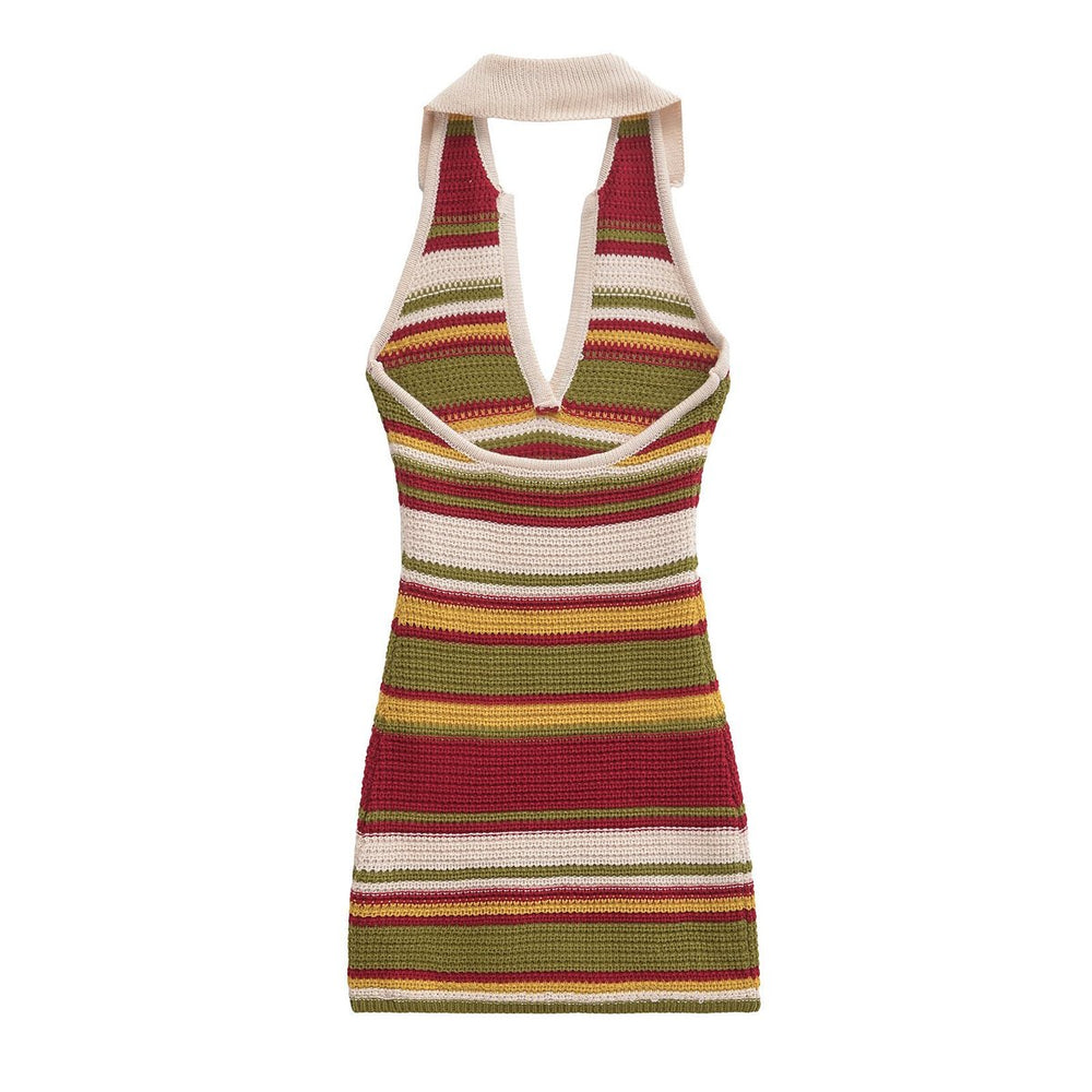 Women's Striped Deep V-Neck Collared Knitted Dress