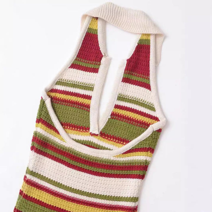 Women's Striped Deep V-Neck Collared Knitted Dress