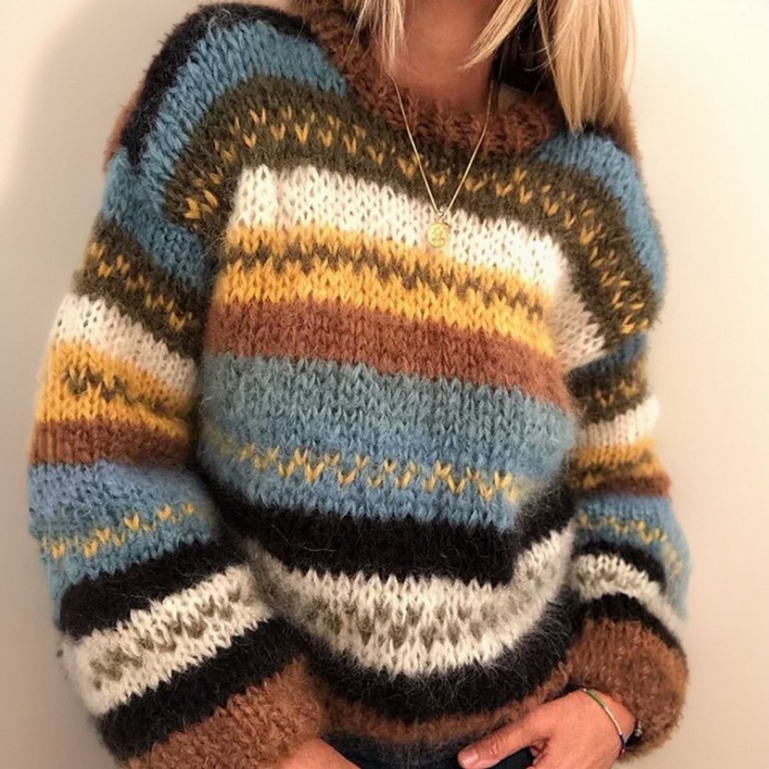 Women's Striped Jacquard Knitted Sweater Long Sleeve Pullover