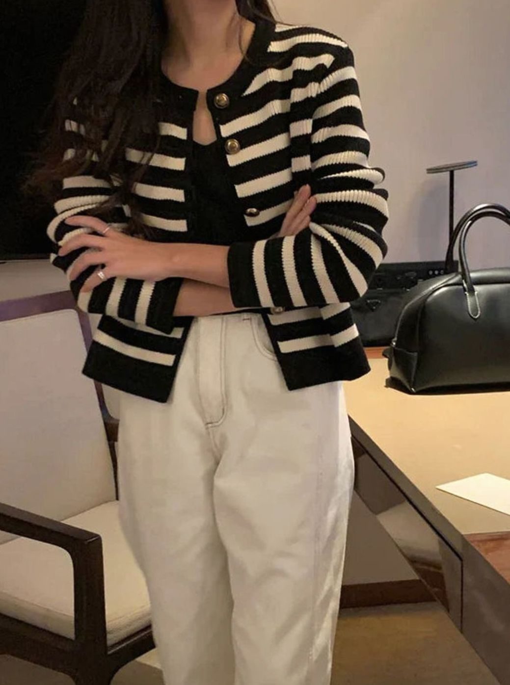 Women's Striped Oversized Knit Cardigan Button-Up Jumper