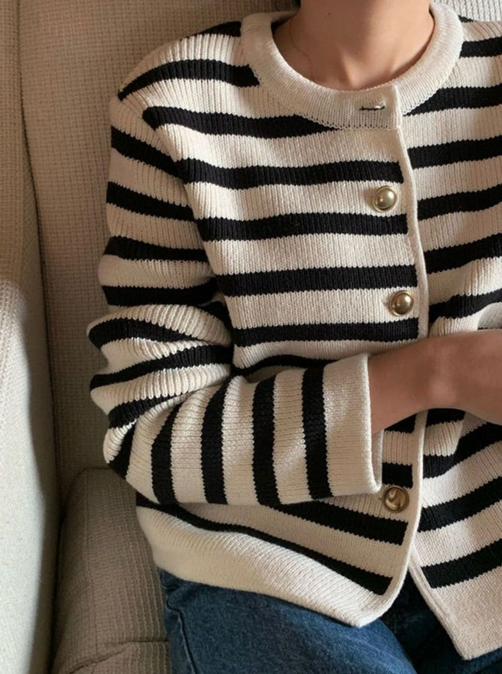 Women's Striped Oversized Knit Cardigan Button-Up Jumper