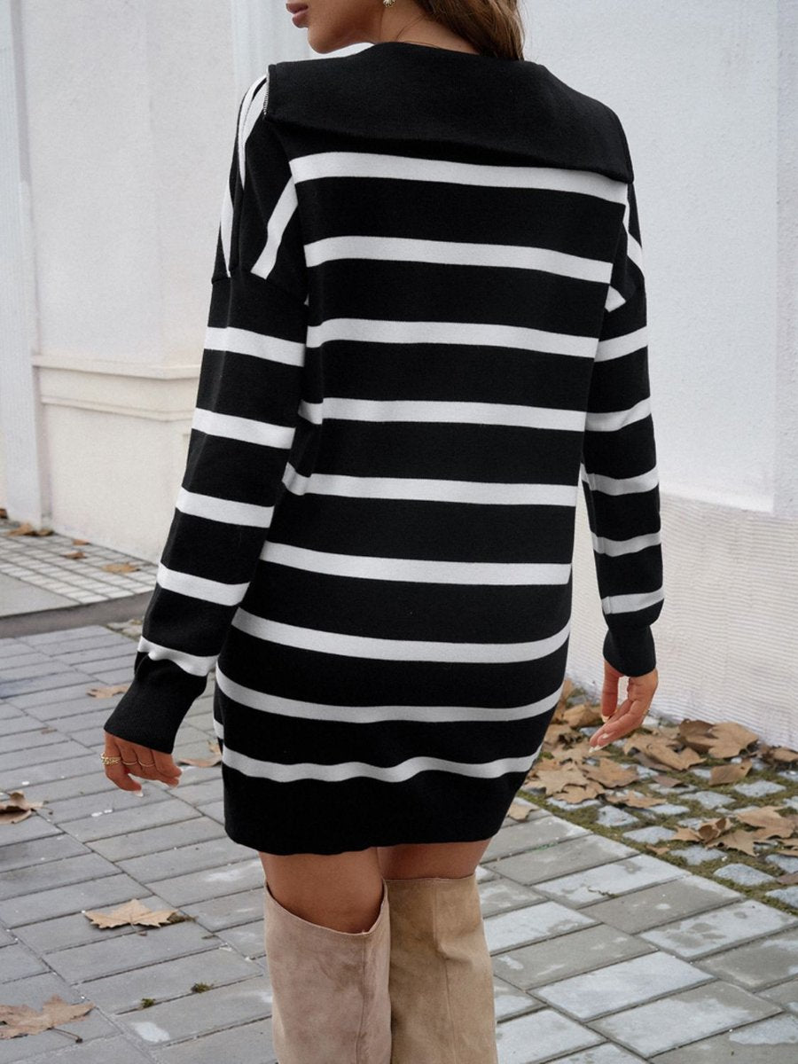 Women's Striped Quarter-Zip Long-Sleeve Knitted Dress