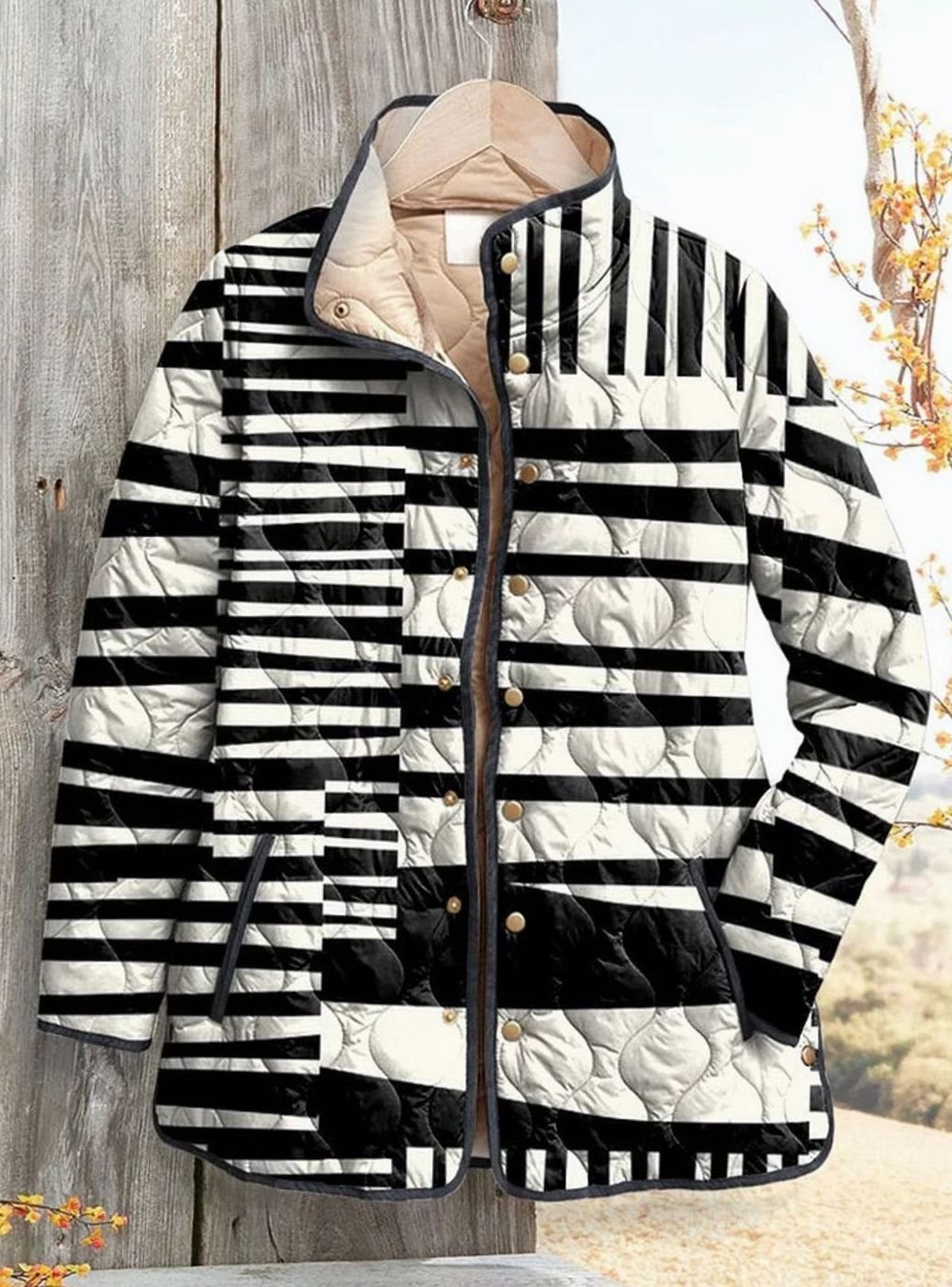 Women's Striped Quilted Snap-Button Puffer Jacket - Multicolour