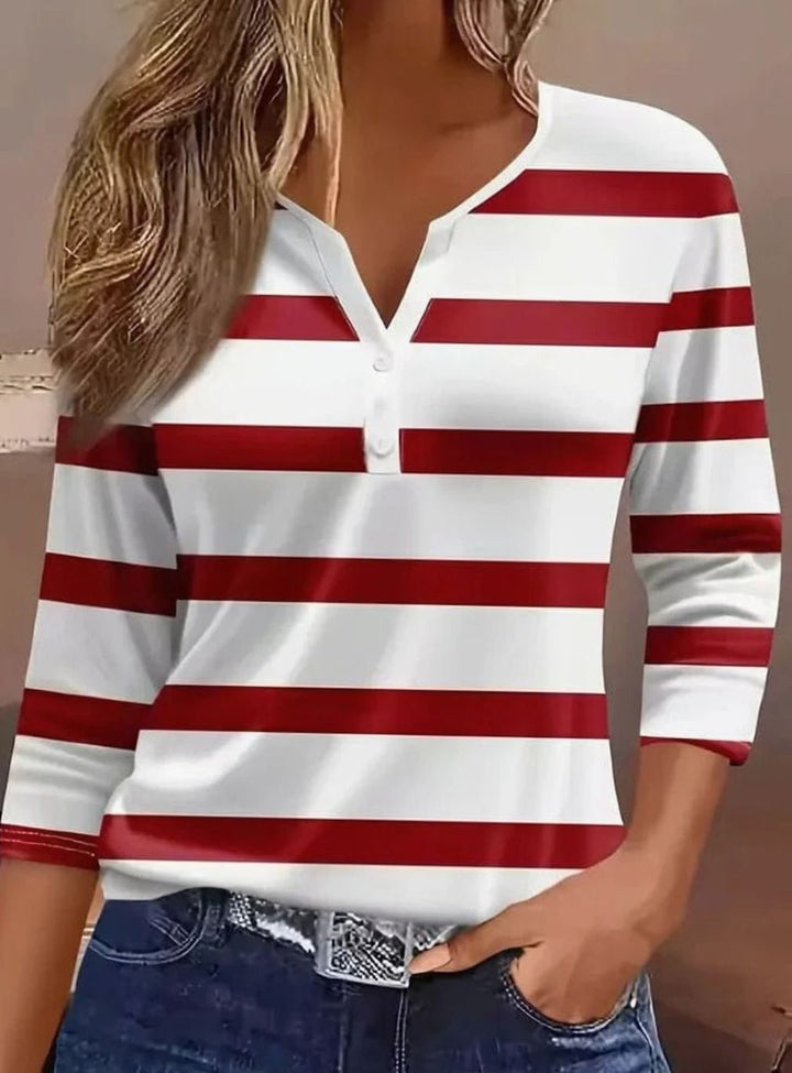 Women's Striped Three-Quarter Sleeve Henley Top