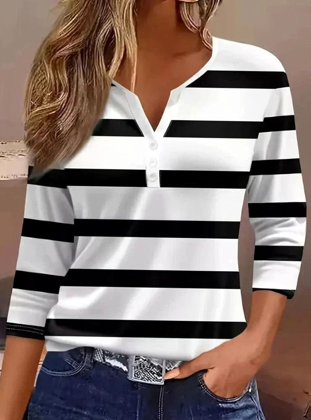 Women's Striped Three-Quarter Sleeve Henley Top