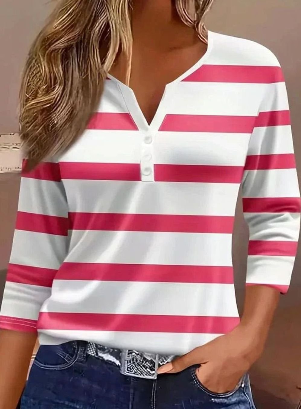 Women's Striped Three-Quarter Sleeve Henley Top