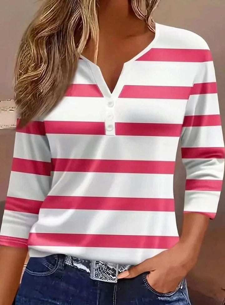 Women's Striped Three-Quarter Sleeve Henley Top