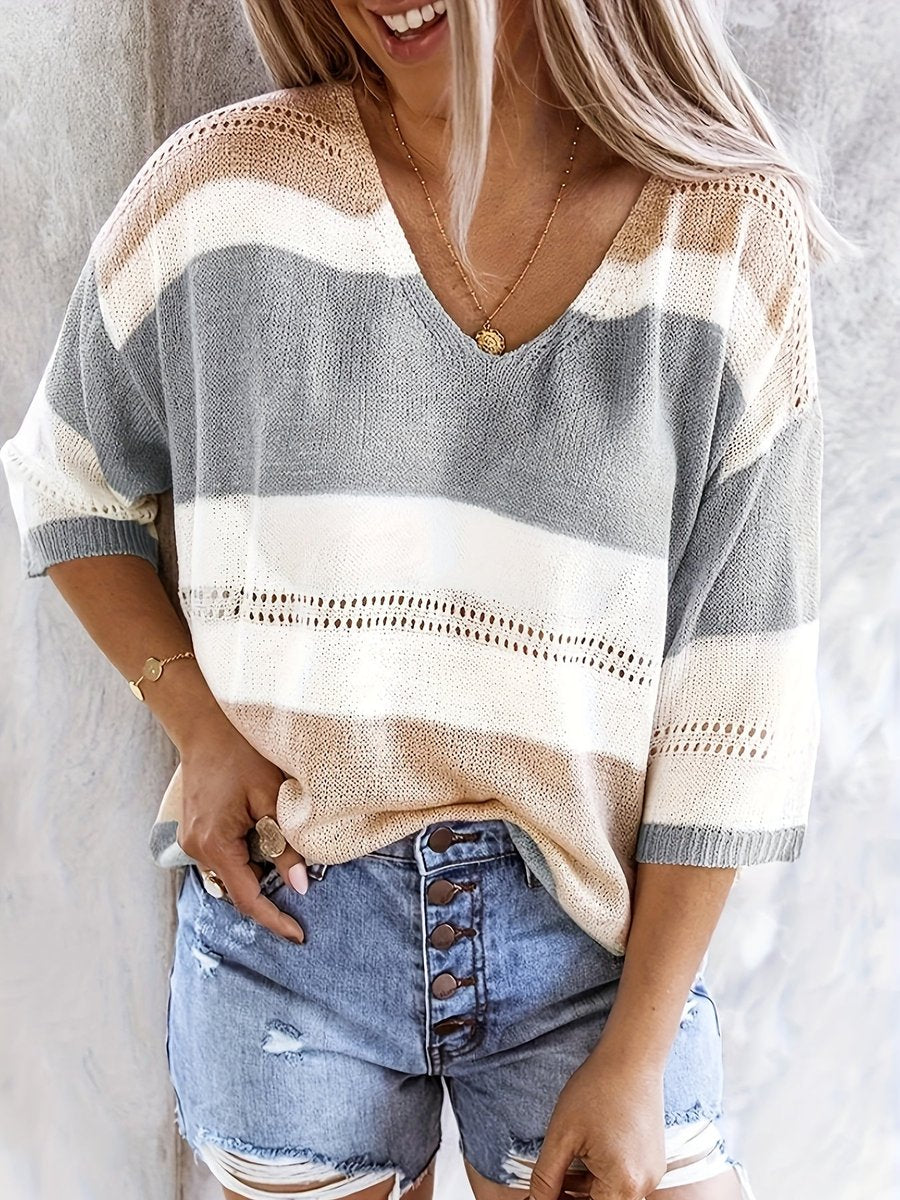 Women's Striped V-Neck Hollow Knitted Sweater Relaxed Fit