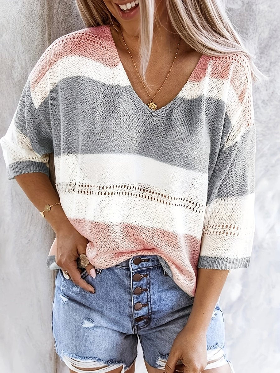Women's Striped V-Neck Hollow Knitted Sweater Relaxed Fit
