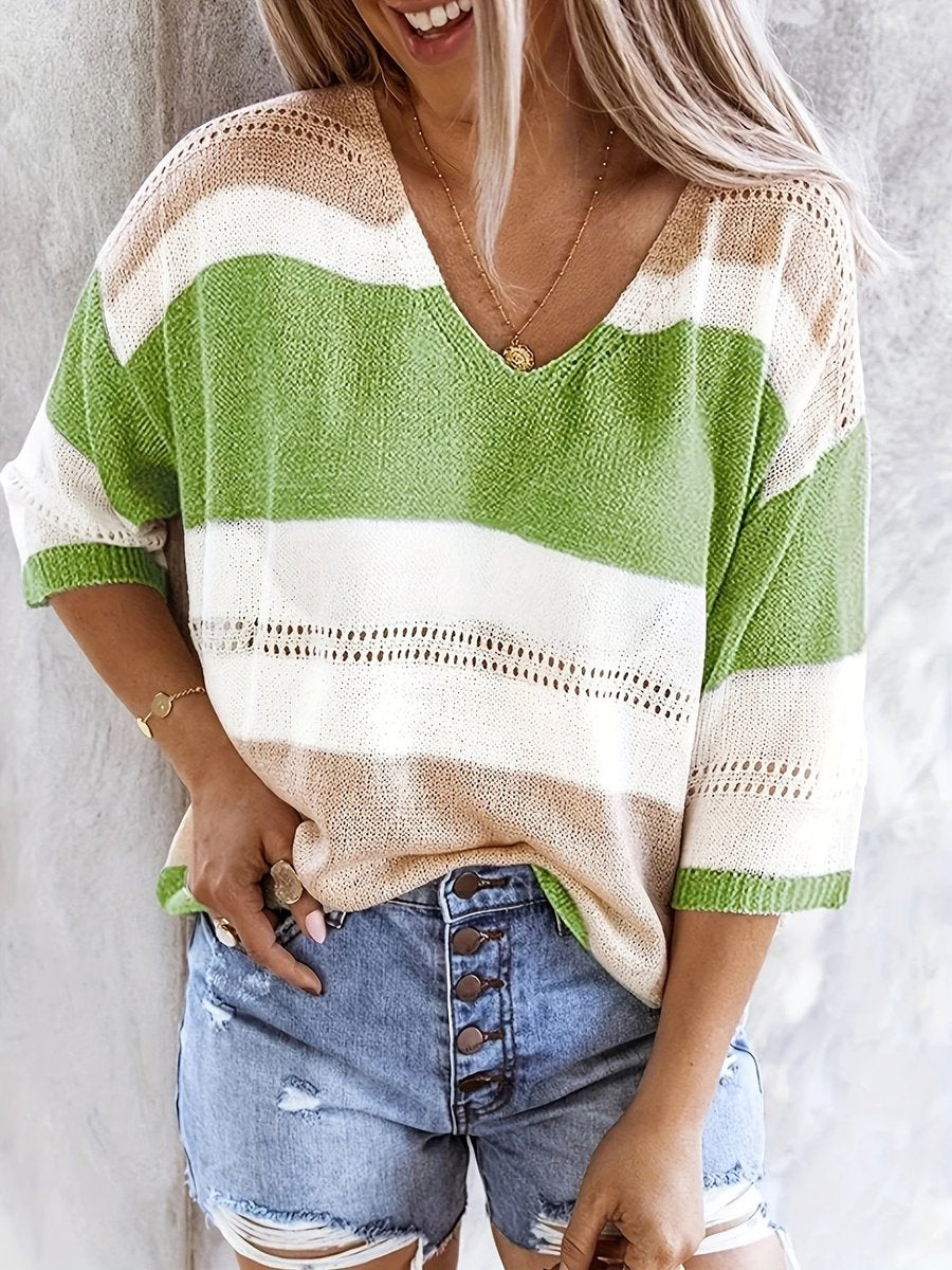 Women's Striped V-Neck Hollow Knitted Sweater Relaxed Fit